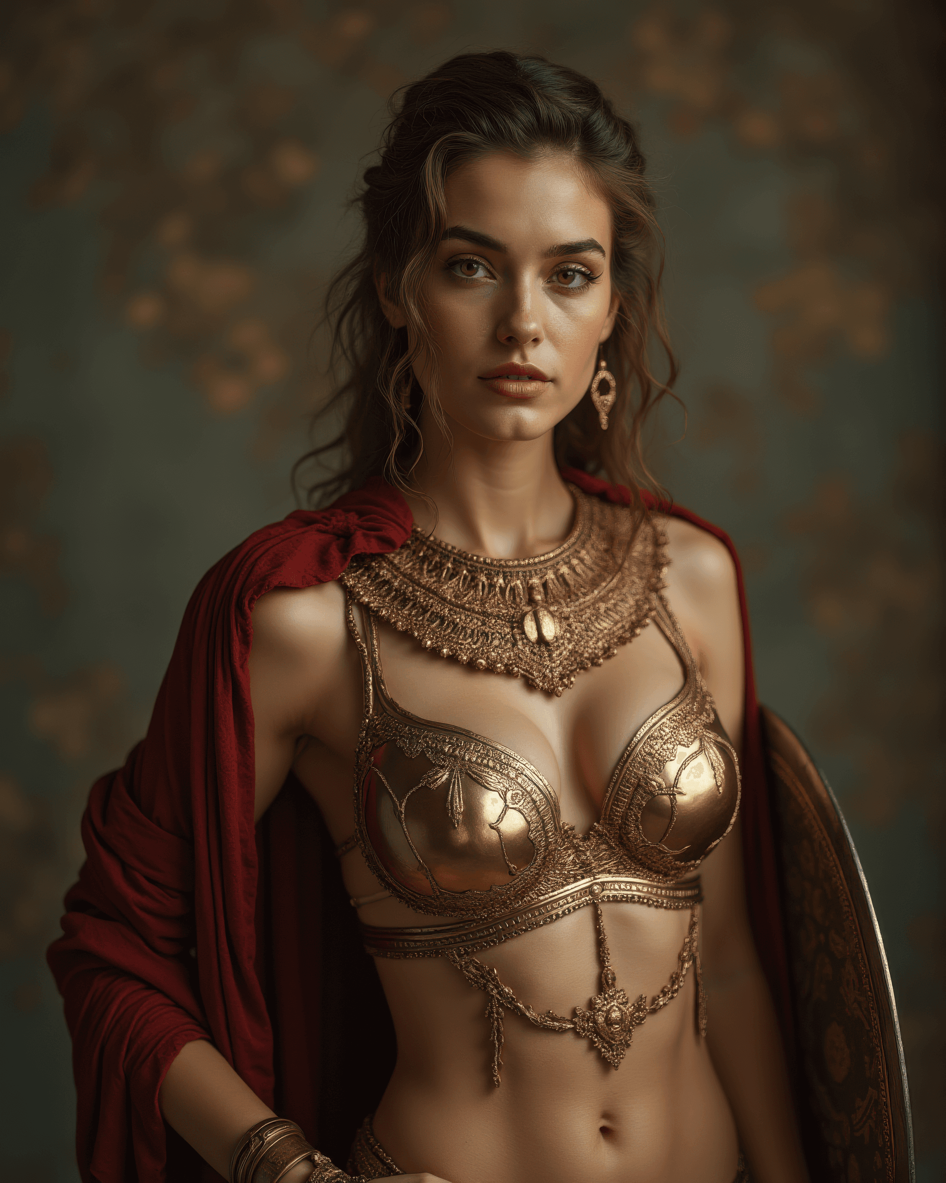 AI generated: A captivating image of Spartan women in body-hugging undergarments adorned with intricate gold embro...