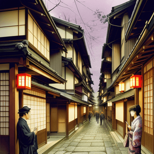 AI generated: kyoto, walking tour japan, in the style of hinchel, villagecore, manga-influenced, spiritual resonan...