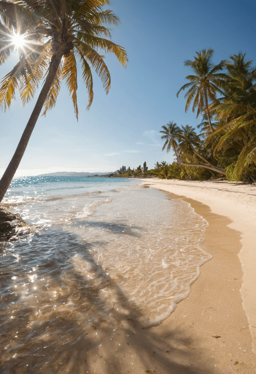 AI generated: A vibrant, sunlit beach with golden sands and crystal-clear waters, dotted with tall palm trees that...
