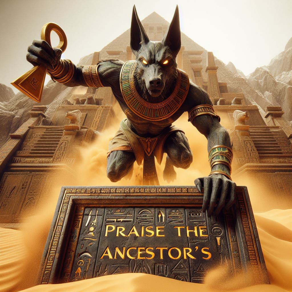 AI generated: whole image, using micro unreal engine 5 effects, of fierce looking Egyptian god Anubis, jumping out...