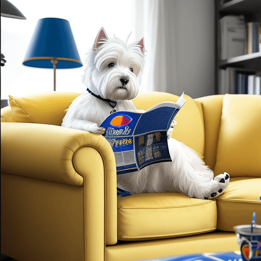 AI generated: West Highland White Terrier sitting on the yellow sofa, leg drinking pepsi, reading a newspaper phot...