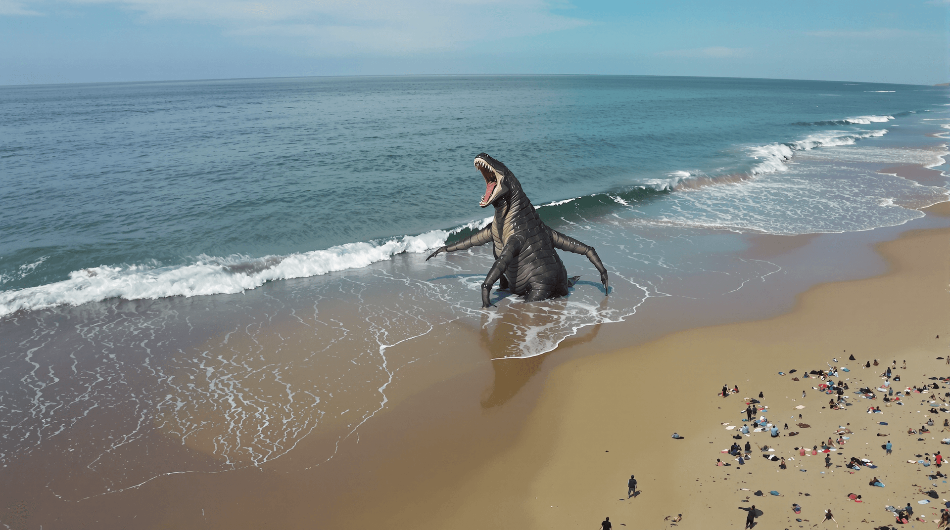 AI generated: a low angle pov drone shot flies along a beach as a unknown beast ascends from the sea water
