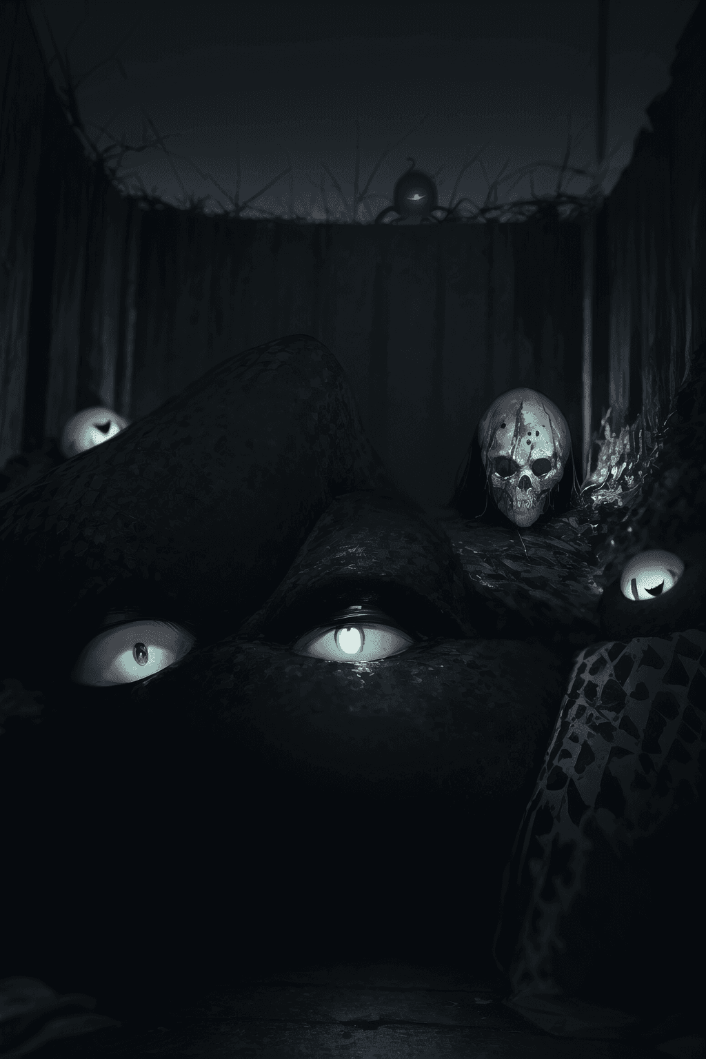 AI generated: a black and white photo of deadpan, camping, unbecoming, gnawling, envy, Ghast (Lovecraftian), <lora...