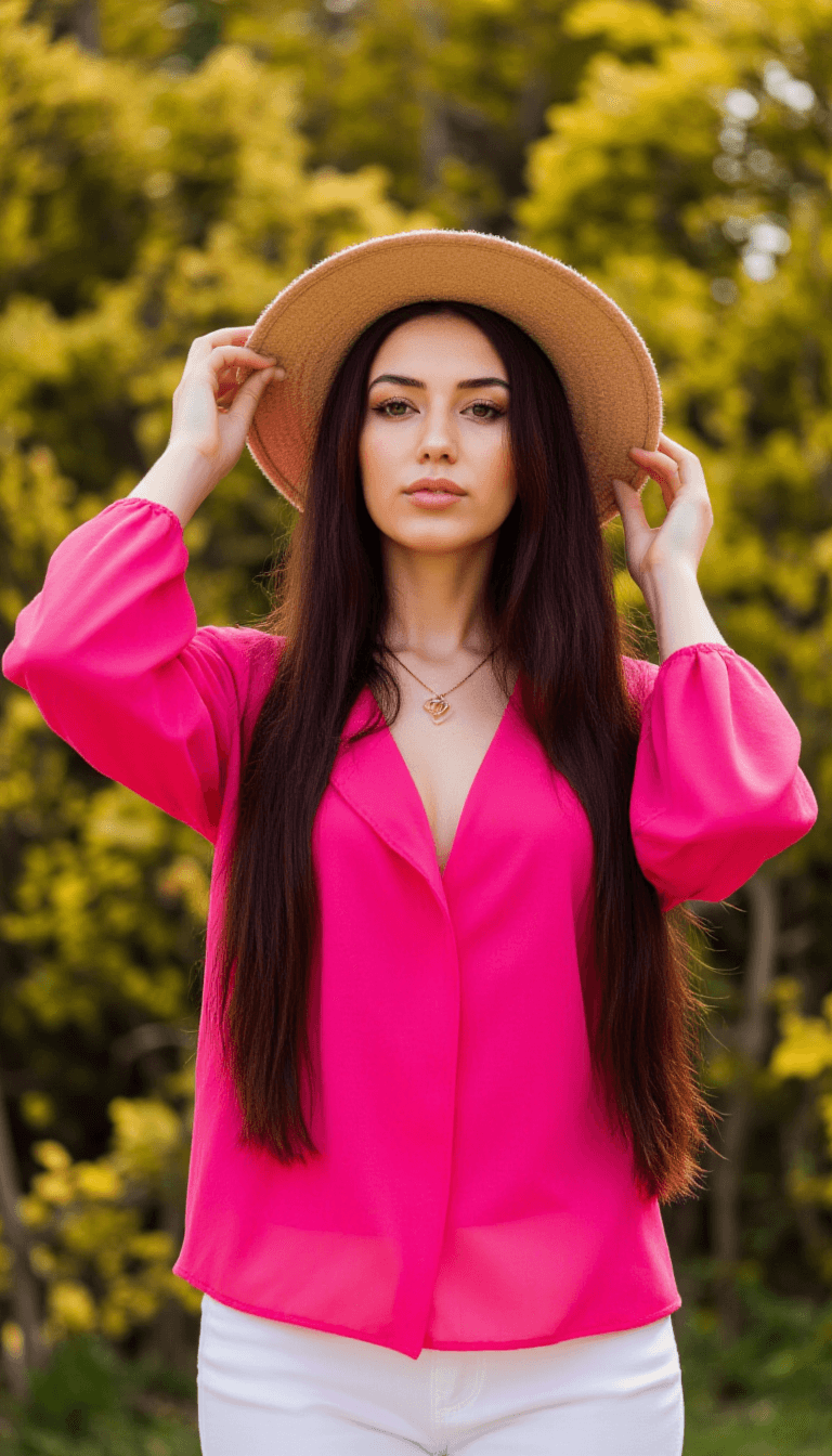 AI generated: photograph, beautiful eastern European woman, long brunette hair, wide brimmed sun hat, vivid rose b...
