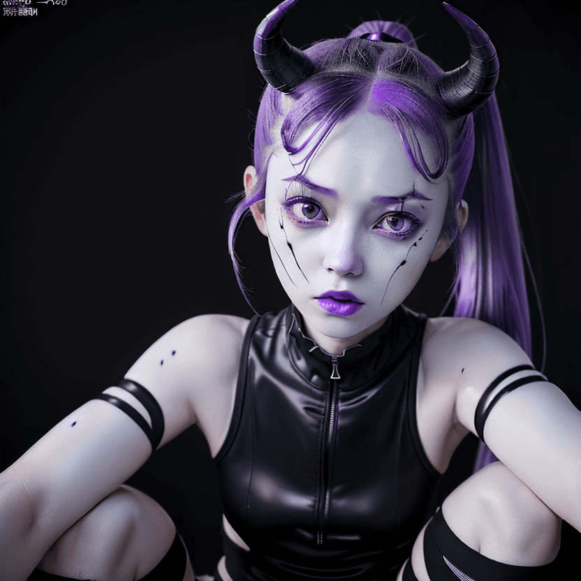 AI generated: 
beautiful girl, pretty face, pale-skinned demon girl in techwear, purple hair ponytail, short horns...