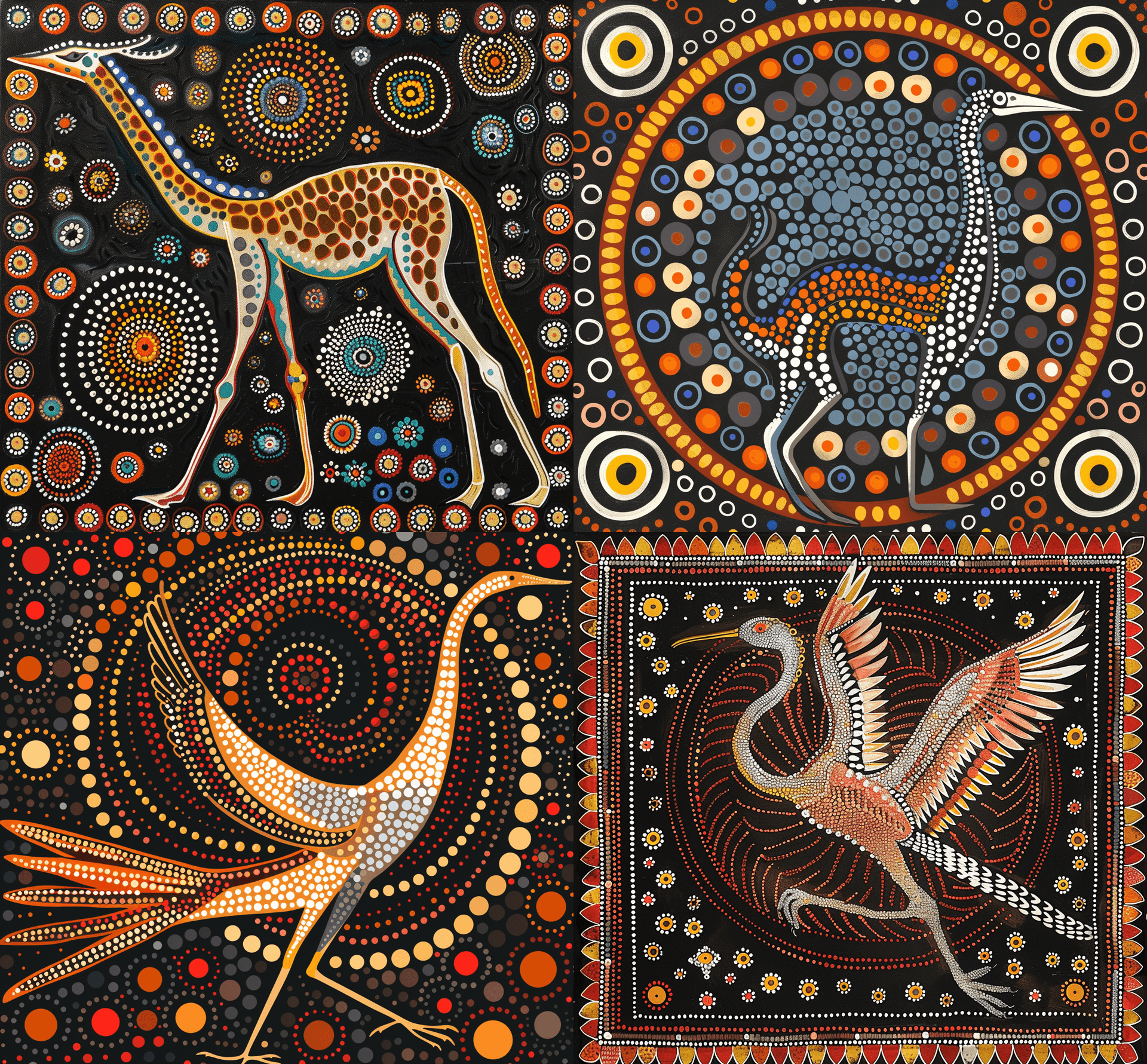 AI generated: An Aboriginal dot painting of an animal with long necks, legs and tail that resembles the bird white...