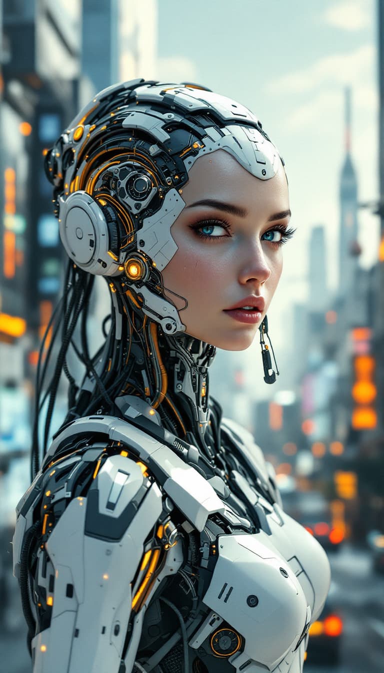 AI generated: A biomechanical-style digital illustration of a Rule 63, full-body female cyborg, with esthetically ...