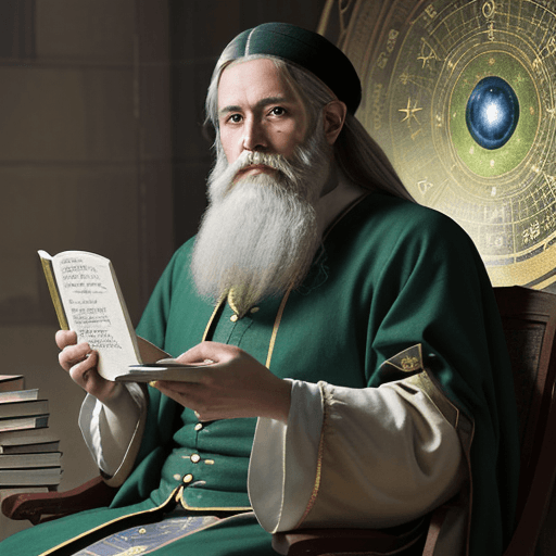 AI generated: Renaissance painting of Nostradamus, with a long white beard, sitting in an astrological observatory...