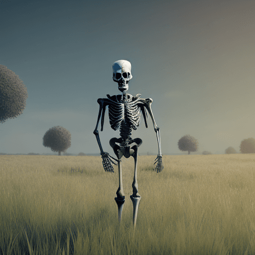 AI generated: a creepy looking skeleton standing in a field, a character portrait by Mike Winkelmann, cgsociety co...