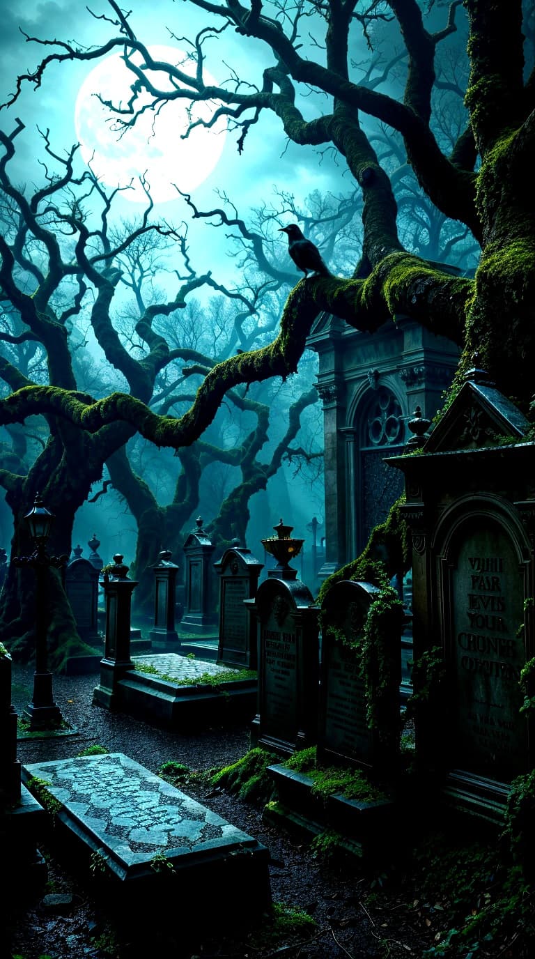 AI generated: A realistic, hauntingly, beautiful, high-contrast photo of a mystical gothic cemetery, bathed in an ...