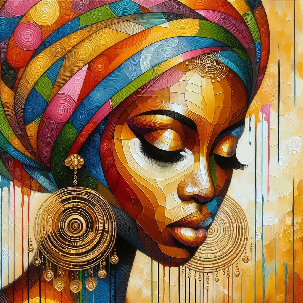 AI generated: creatre an painting on the canvas of an african woman with golden earings in colorful tones, in the ...