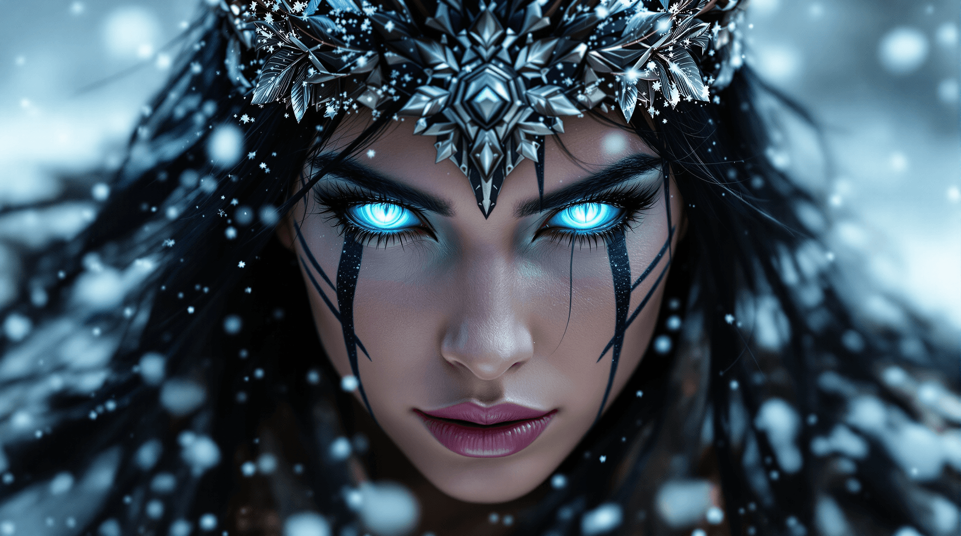 AI generated: A female warrior with dark hair and facial tattoos, wearing a headdress of feathers, full-body portr...