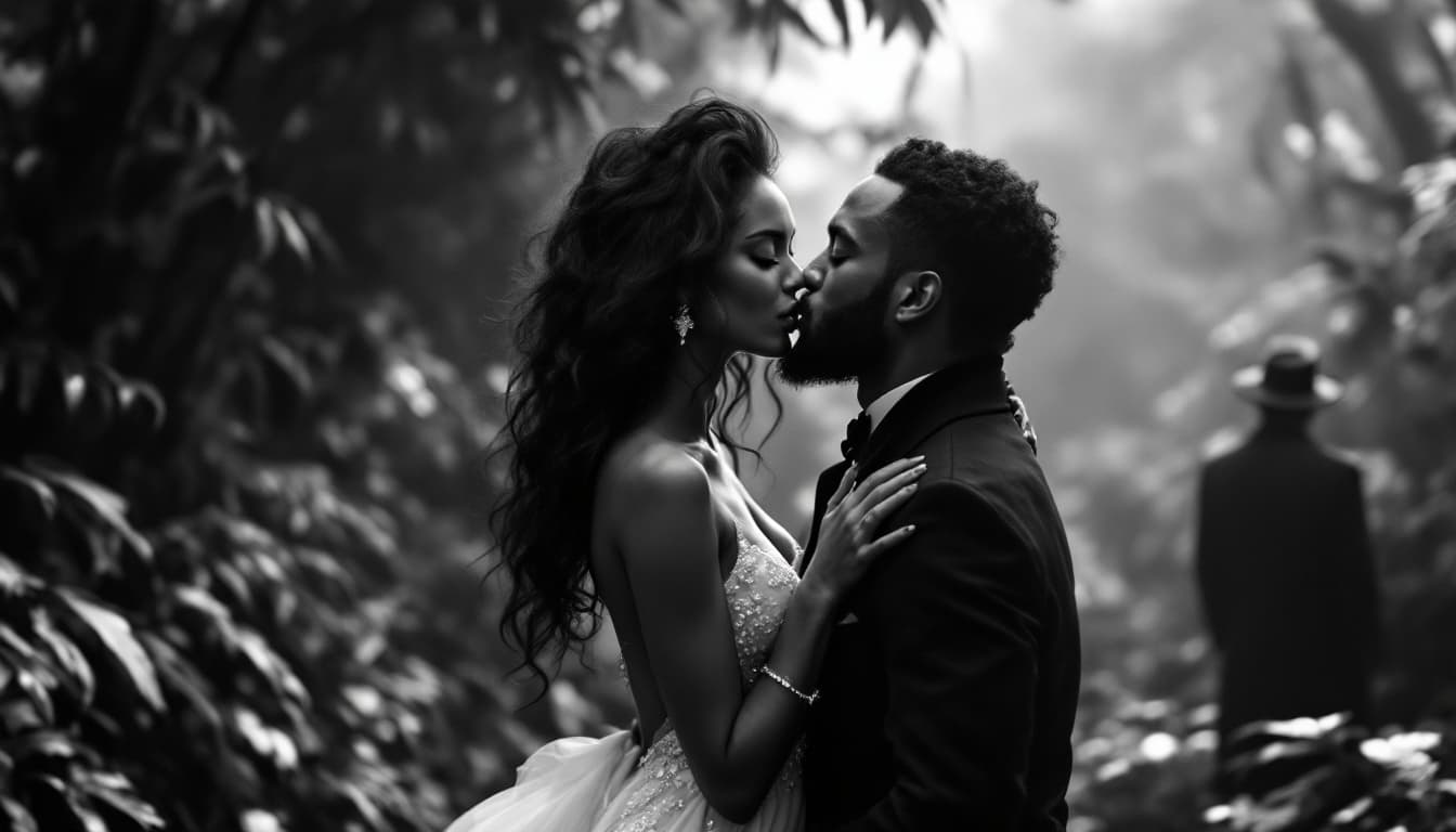 AI generated: HIGH DEFINITION - BLACK AND WHITE - A BEAUTIFUL WOMAN IN WHITE GOWN DEEP KISSING HIS MAN in a deep j...