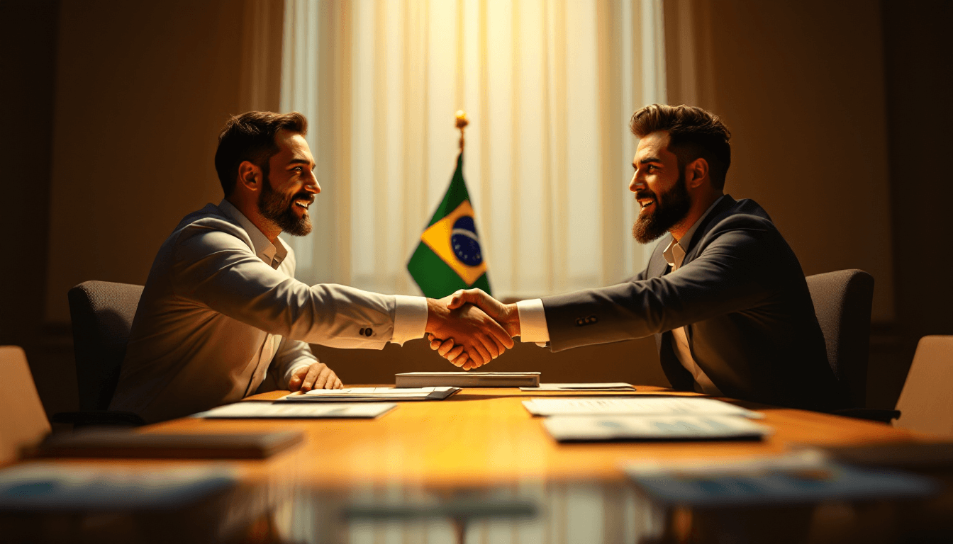 AI generated: "A conference room lit by amber light, with two men sitting at a table, surrounded by folders and ch...