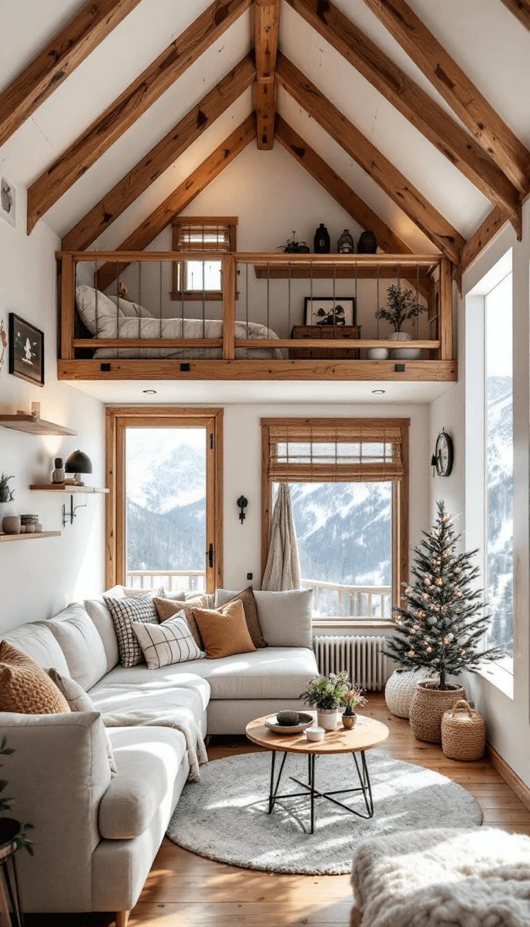 AI generated: photo of a tiny house with 2 floors, cozy white and wood interior, small space, minimalistic decor, ...