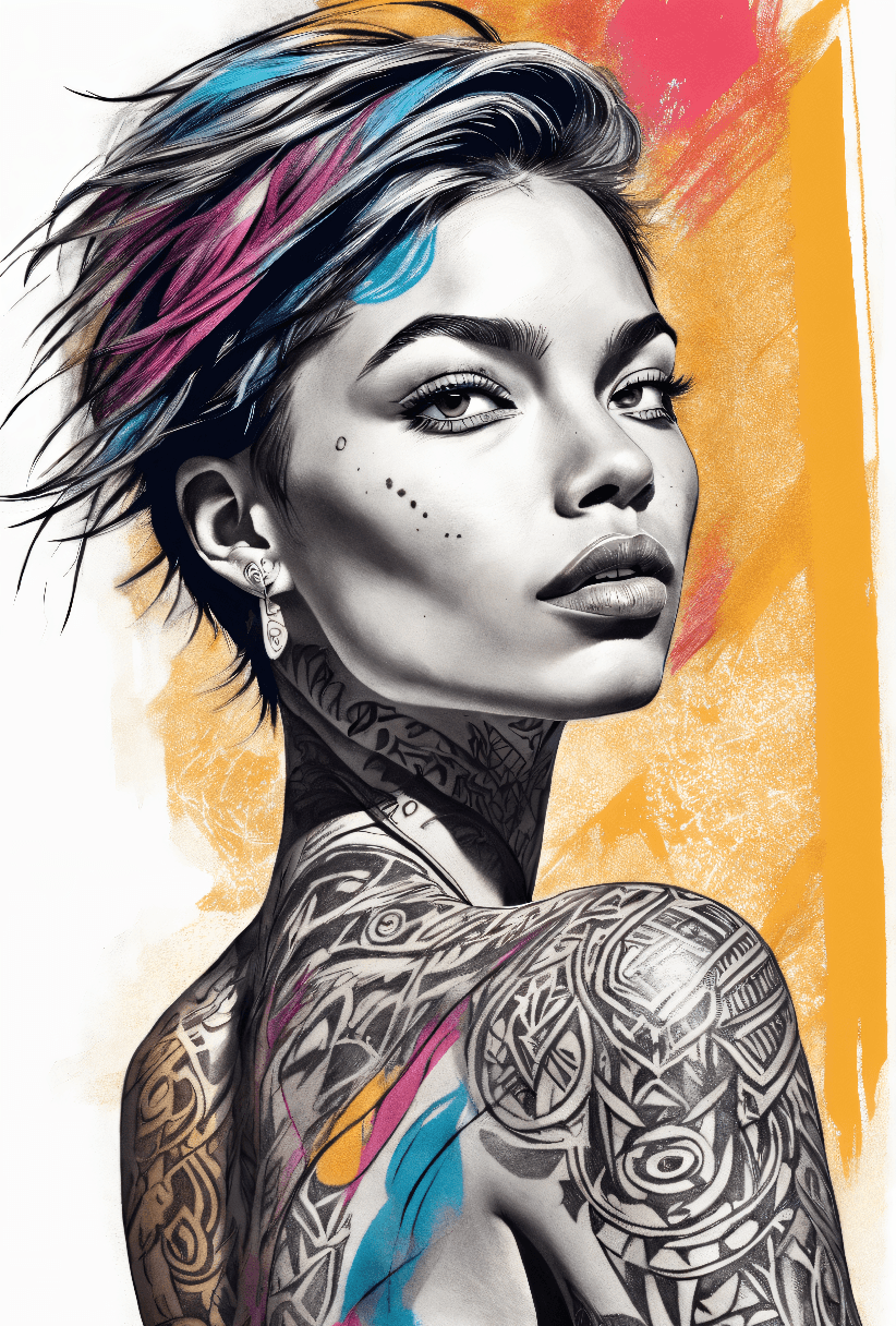 AI generated: expressionist fine pencil sketch of a young woman, having short hair and a tribal tattoo on her arm,...
