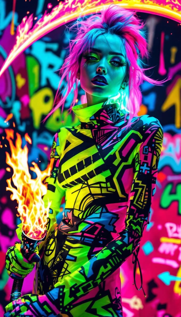 AI generated: Pop Art Rebel of the Neon Flame: An ultra-realistic, full-body action shot of a mesmerizing pop art ...