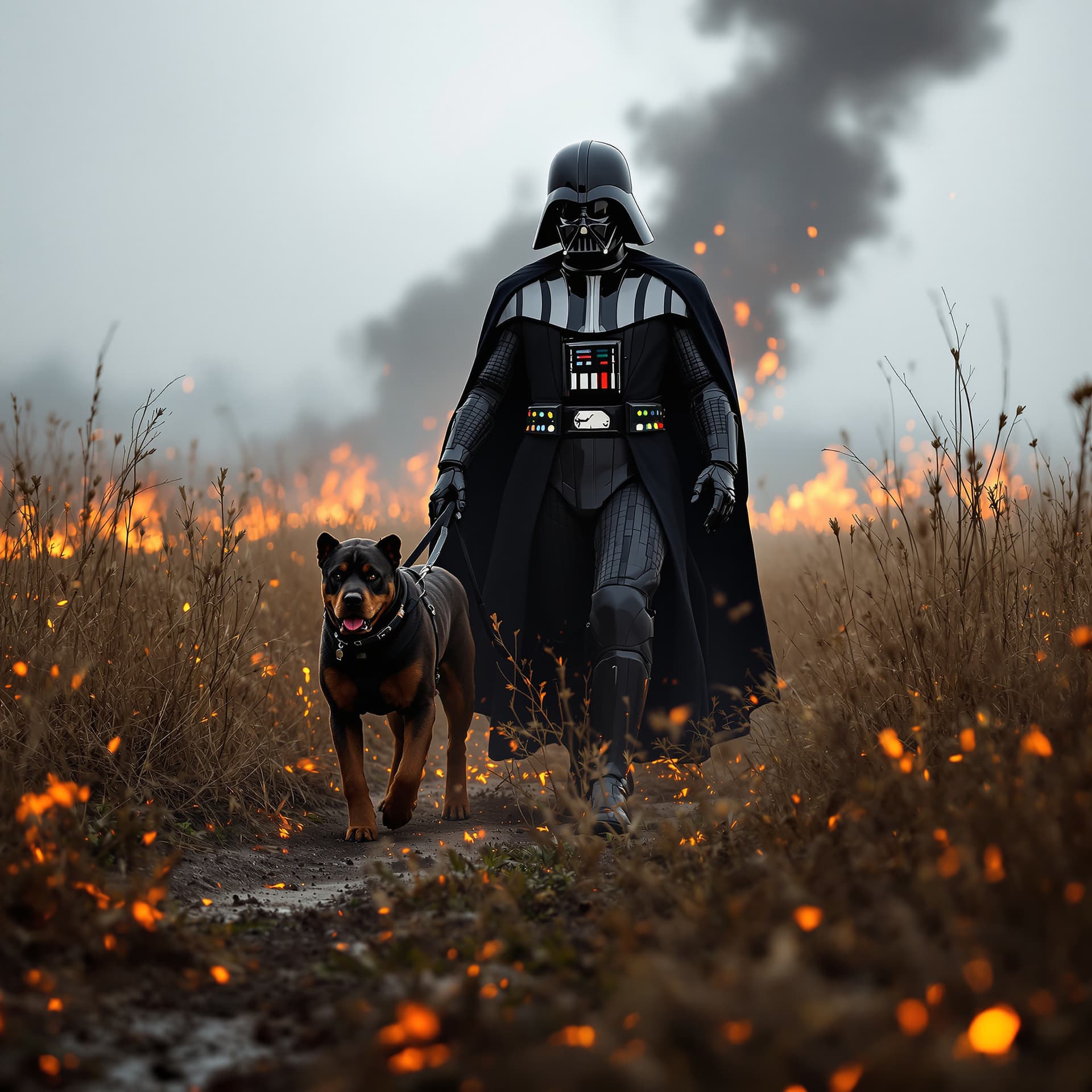 AI generated:  close up of darth Vader and his dog walking through a field of fire, marche impériale, hd star wars...