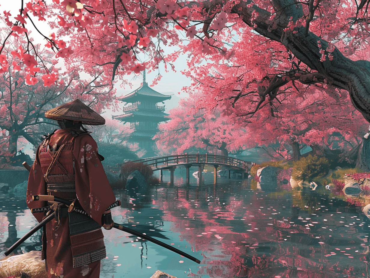 AI generated: image of a samurai who is in a Japanese garden. cherries are blooming in the garden. a pond and a br...