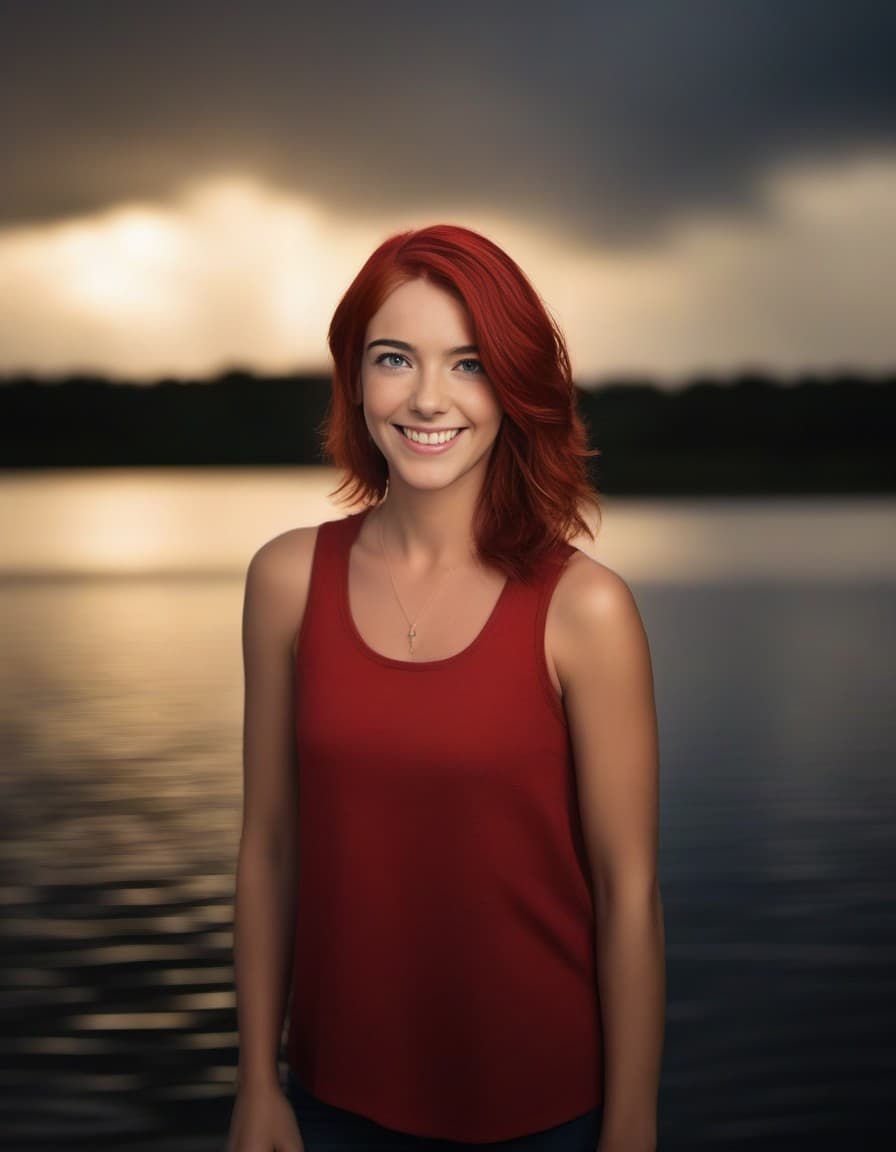 AI generated: This is a photograph of a woman standing in front of a large lake. She has shoulder length, bronze h...