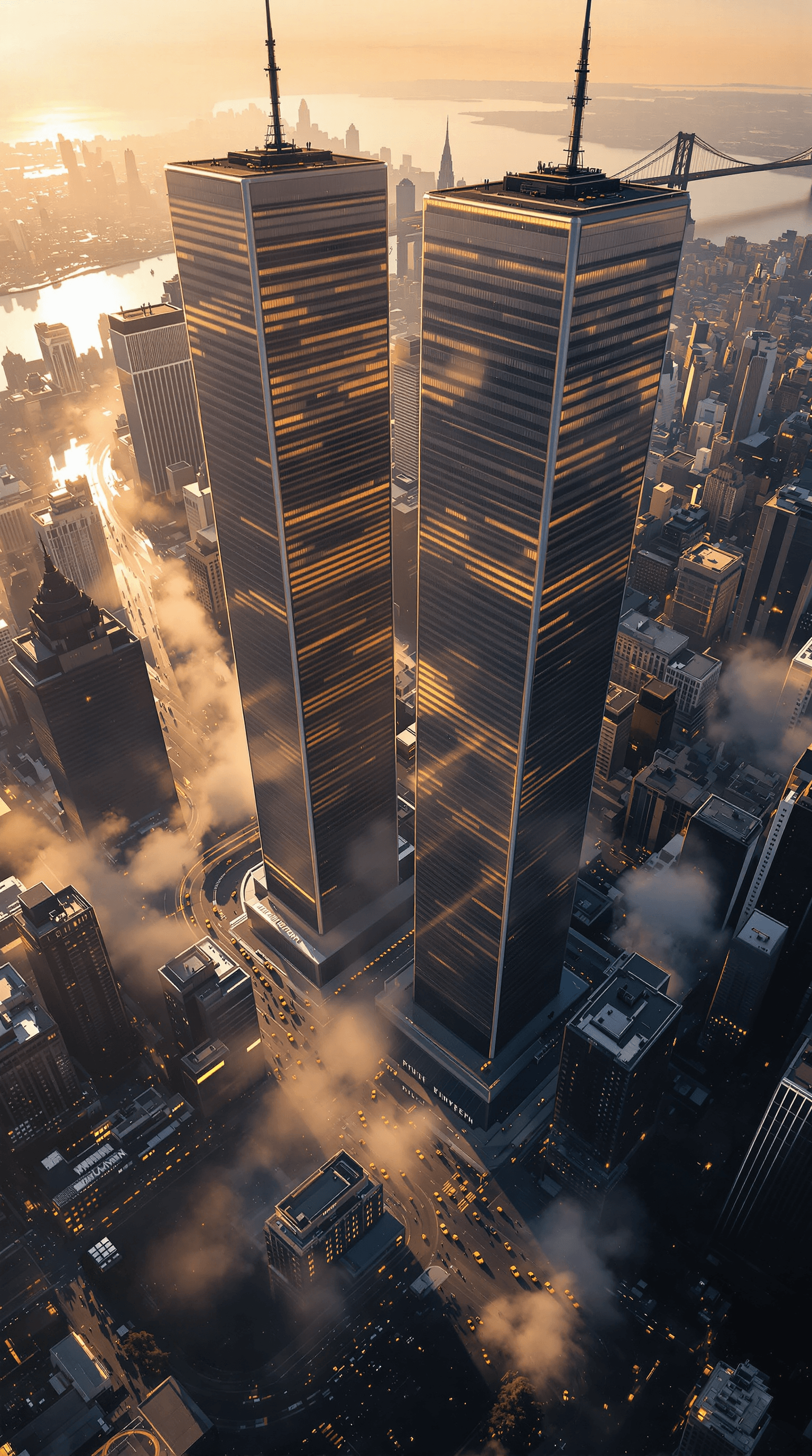 AI generated: A breathtaking, high-speed birds-eye perspective racing through downtown Manhattan at sunrise. The v...