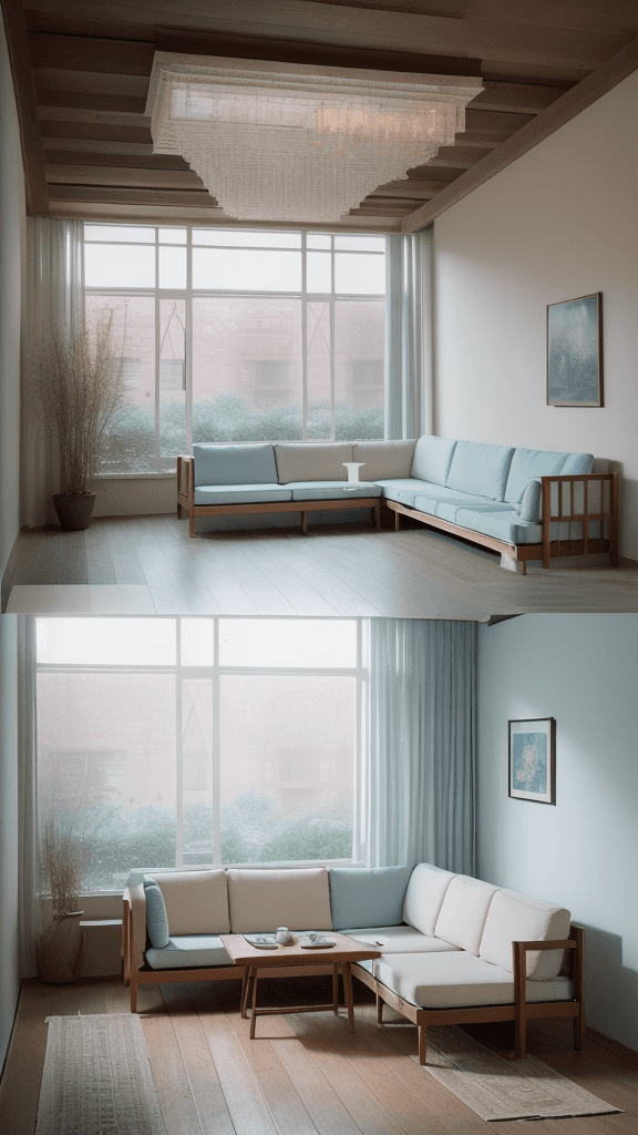 AI generated: High resolution photography interior design, dreamy sunken living room conversation pit, wooden floo...