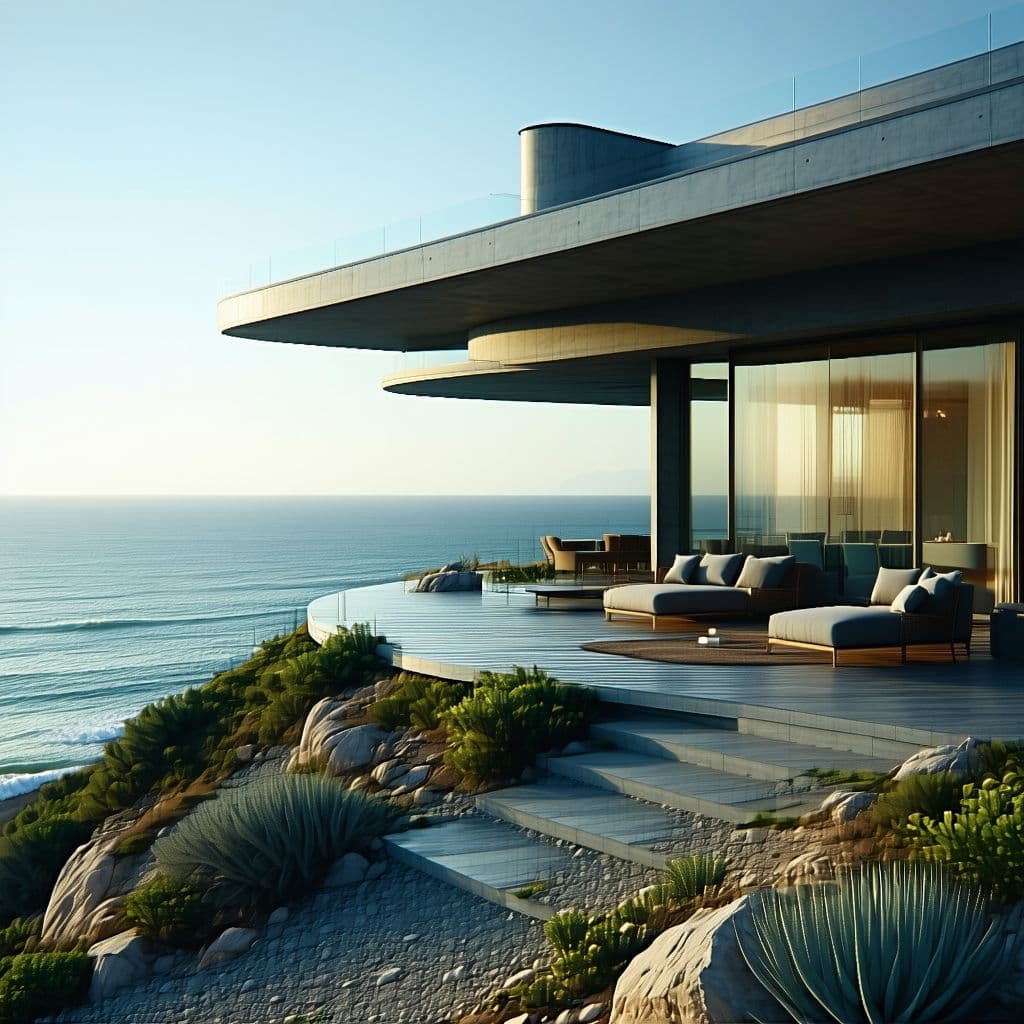 AI generated: Hyper realistic eye level exterior photo of a mid century modern style house overlooking the ocean, ...