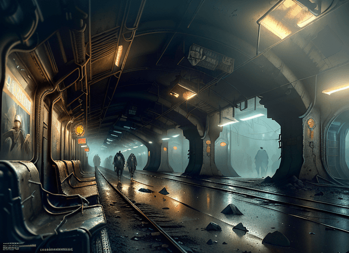 AI generated: painting of a post scenery at metro lowest level, underground, dark, rails, ultra realistic, concept...