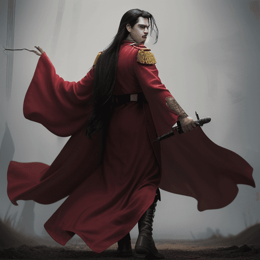 AI generated: full body view of dashing man wearing war clothes, wearing a red robe that touches the ground, his e...