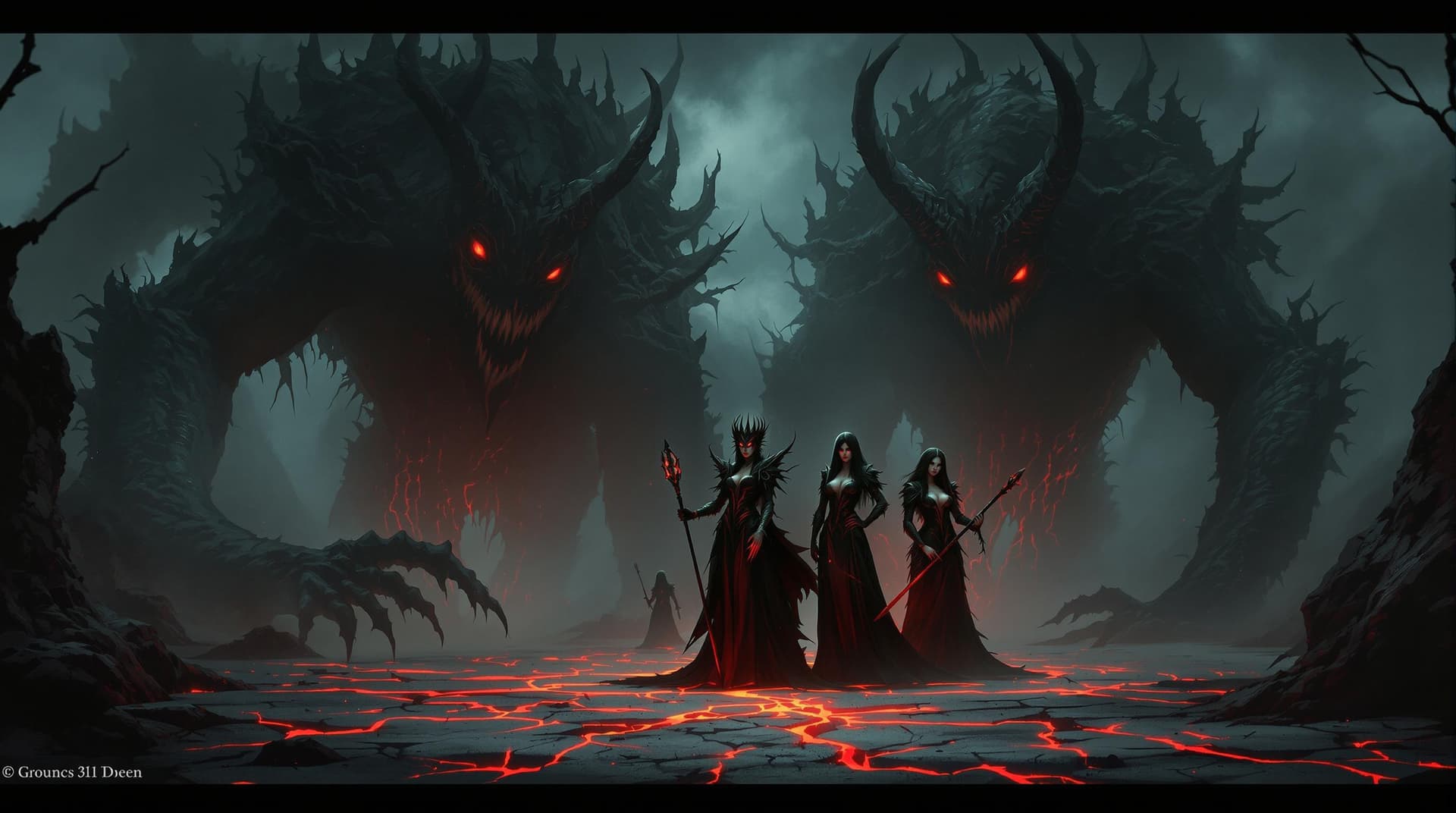 AI generated: Giant shadowy monsters with glowing red eyes and grotesque forms emerging from the ground. The Gothi...
