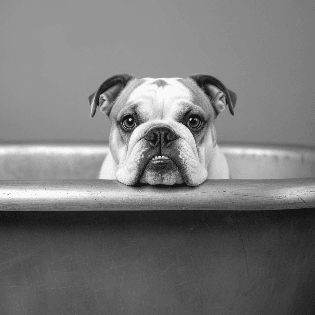 AI generated: Generate me an HD ULTRA 8k Black and white photograph of a female english bulldog that is traditiona...