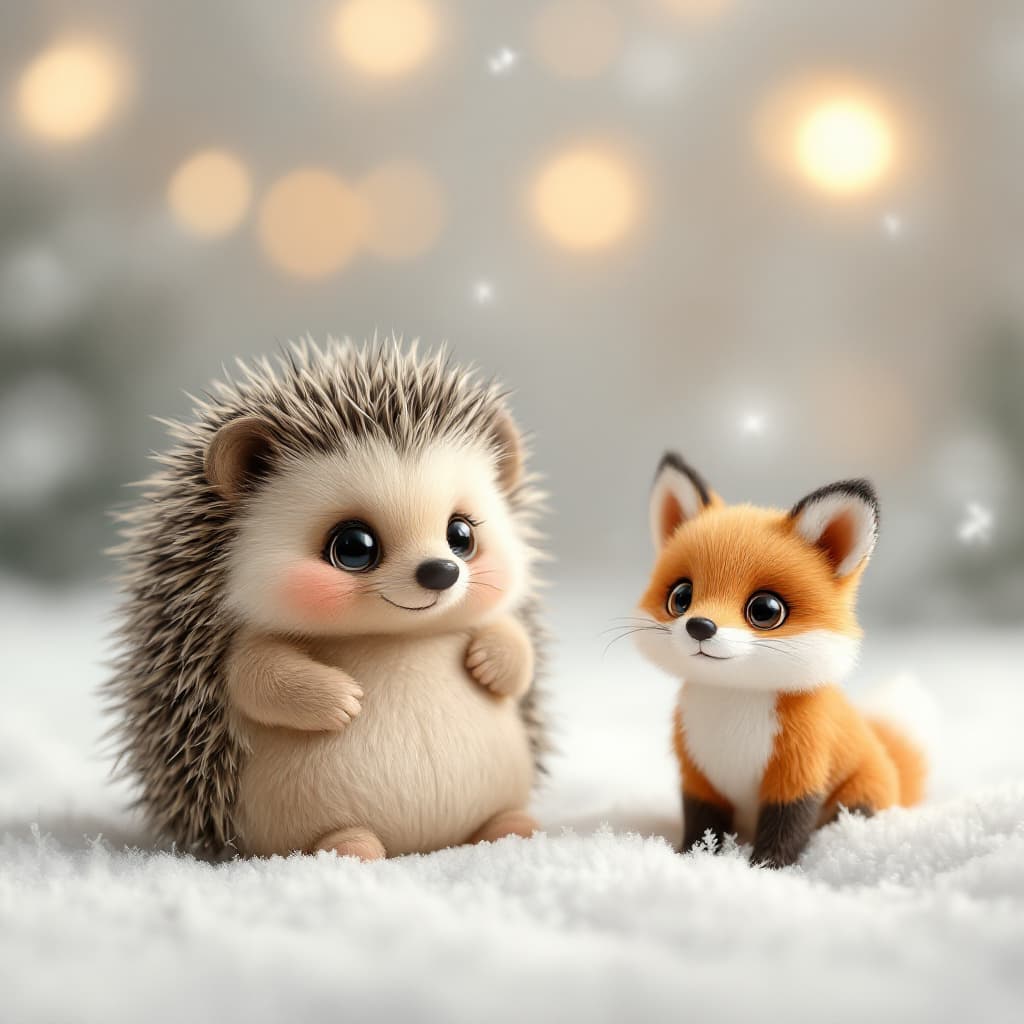 AI generated: photorealistic 2 cute baby hedgehog plush brother and sister and one cute little fox with big eyes, ...