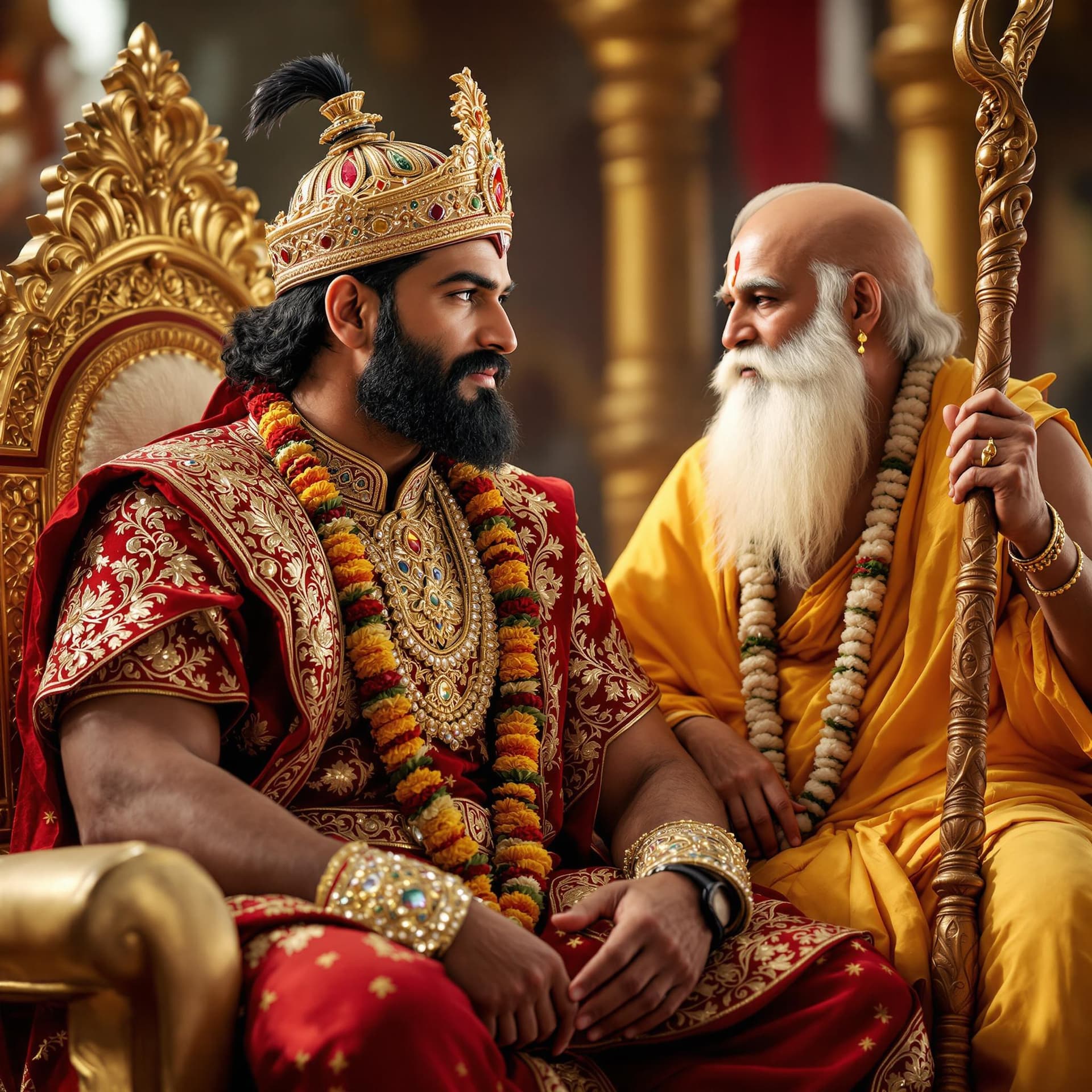 AI generated: Clear ultra-HD image of King Veerendra, strong-built Indian king with deep brown eyes and a beard, w...