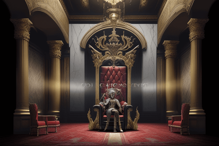 AI generated: High resolution epic throne room with king alchohol, queen cigarett, prince cocaine and the rest of ...