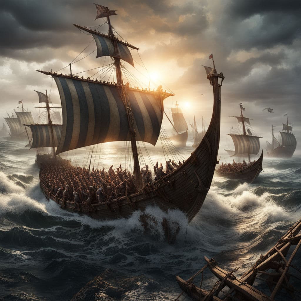 AI generated: Total war of destruction in the land of vikings,viking ship,vikings,seafight,lens flare,dynamic ligh...