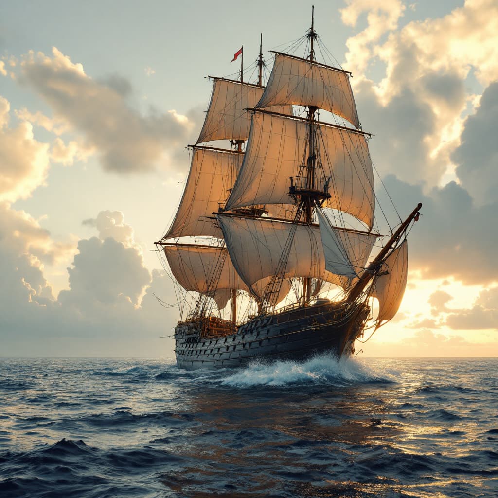 AI generated: Photo of a ultra realistic sailing ship, dramatic light, pale sunrise, cinematic lighting, battered,...