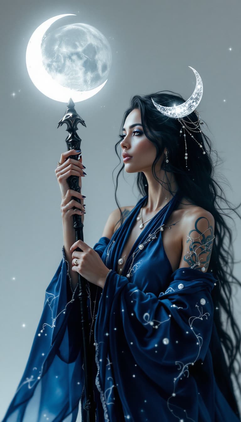 AI generated: An ultra-realistic, full-body portrait of a captivating moon priestess woman, radiating ethereal pow...