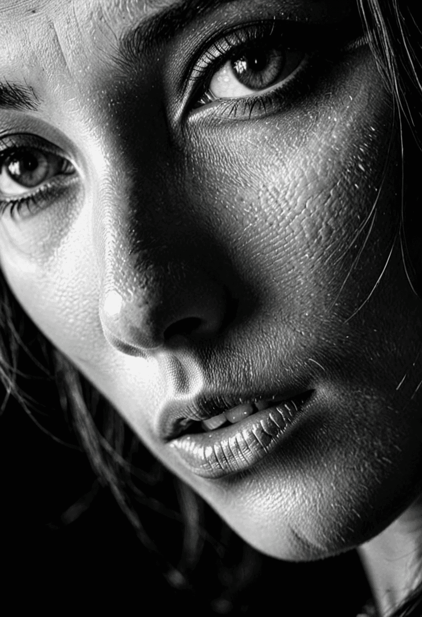 AI generated: HDR photo of black background BREAK extreme close-up of a gorgeous woman, perfect skin, perfect eyes...
