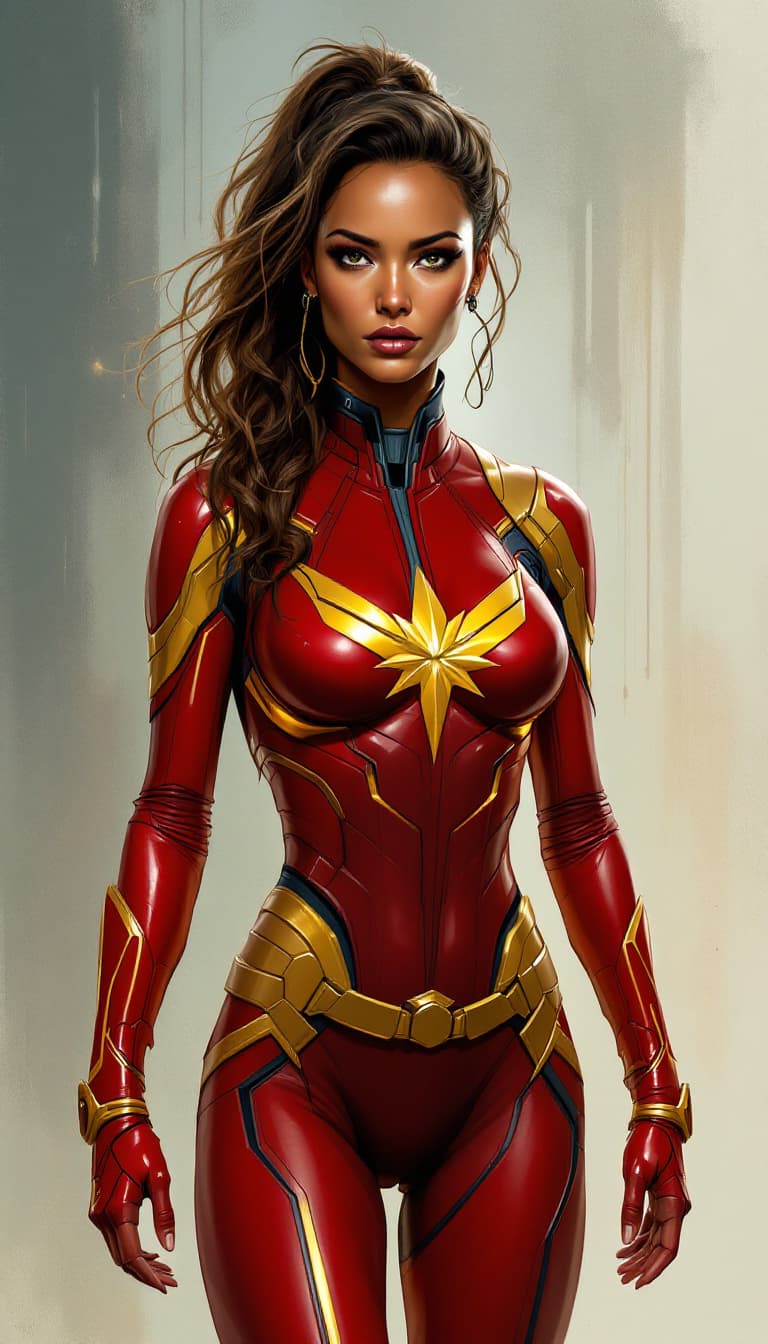 AI generated: A cybernetic female heroine with a tanned, bronze face, a powerful fusion of Gamora, Nebula, and Cap...