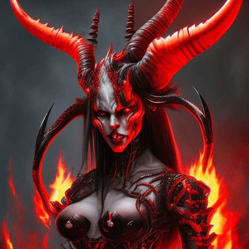 AI generated: Full-body image of Cybernetic demon woman with large ram horns on her head and bits of black metal p...