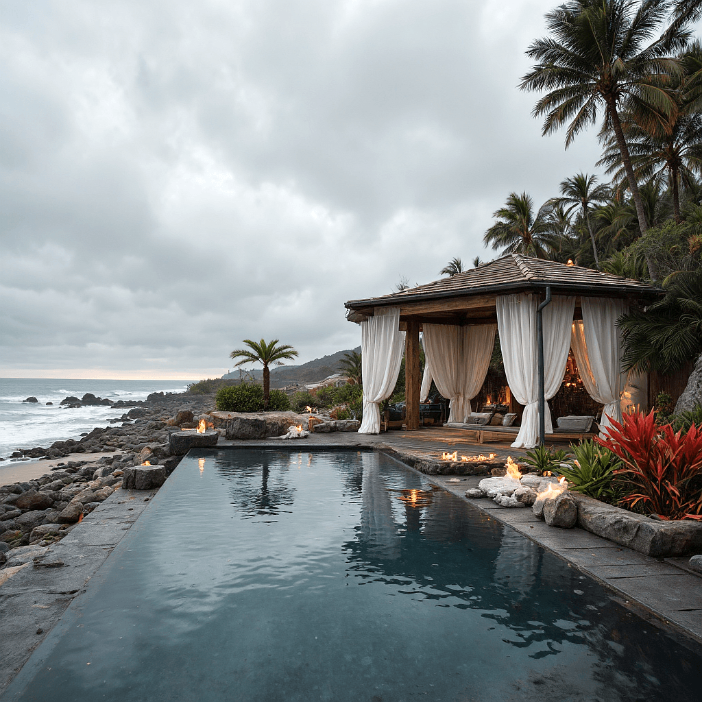 AI generated: A serene coastal lounge under an overcast sky, with thick clouds blanketing the horizon and casting ...