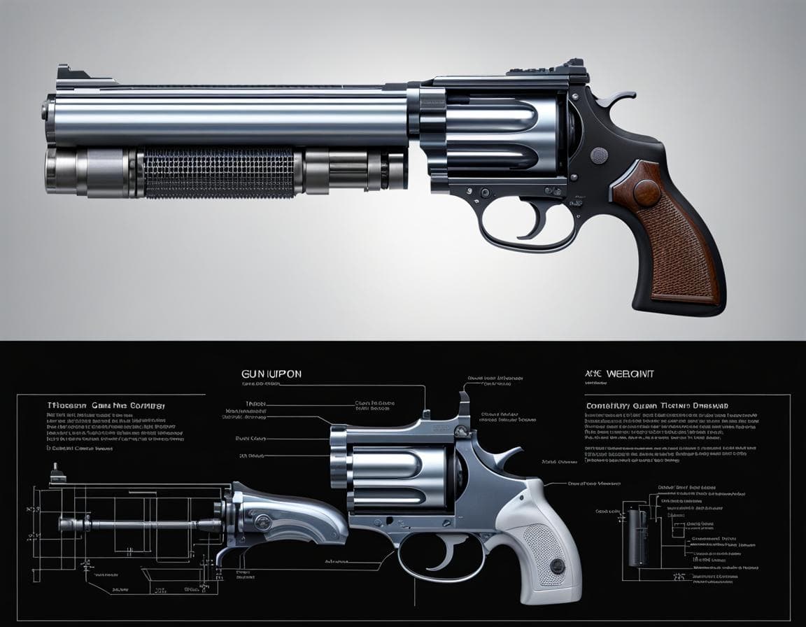 AI generated: "gun diagram, gun blueprint, gun schematic, gun map, revolver, futuristic, black background, clear i...