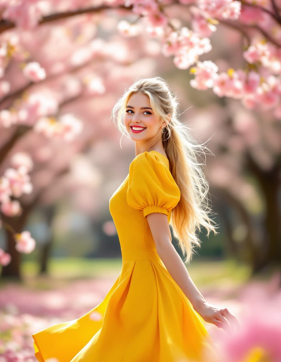 AI generated: Full-body digital portrait of a stunning young blonde woman twirling playfully in a vivid spring par...