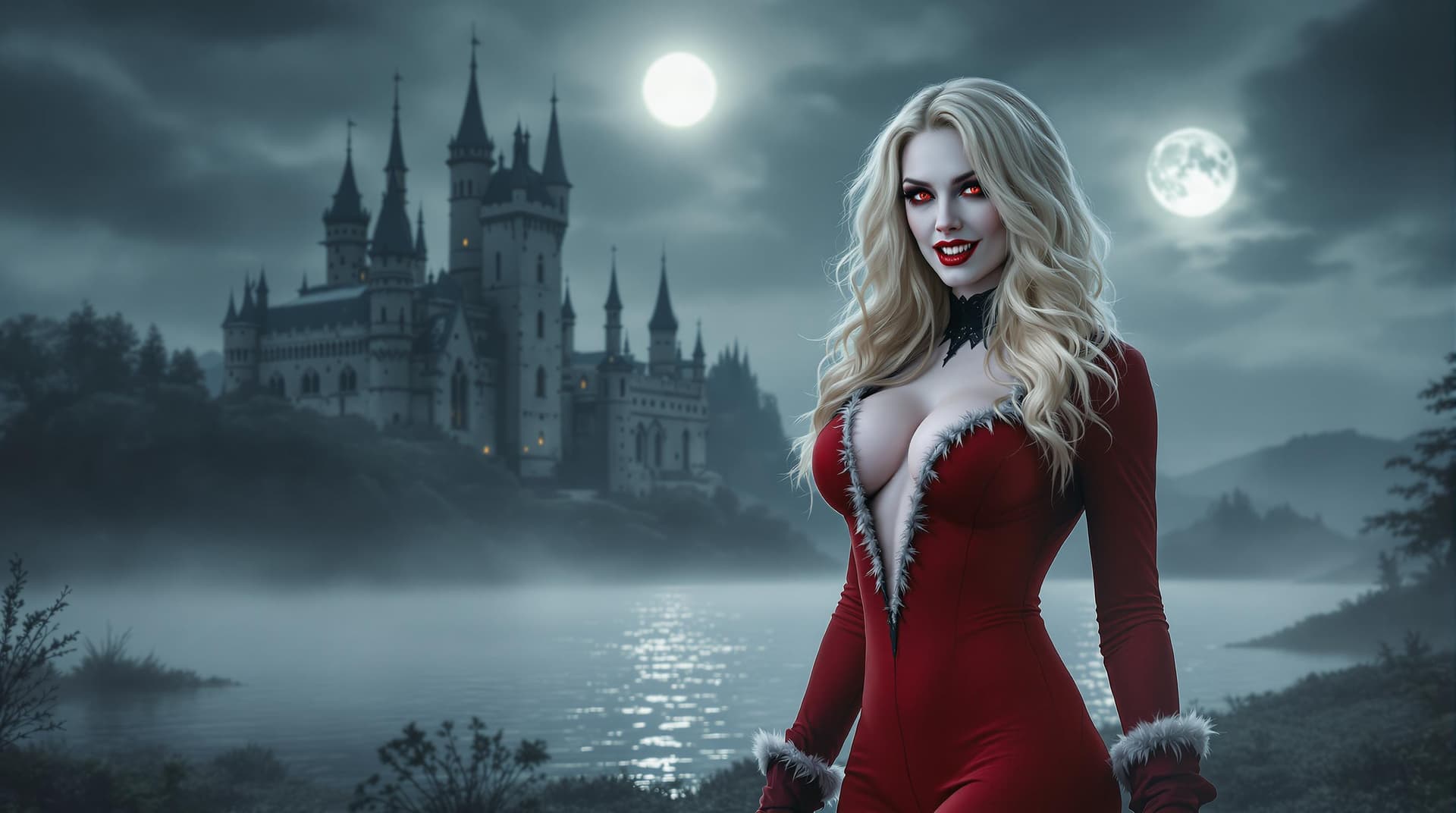AI generated: a vampire woman with enormously long incisors, pale skin, red eyes, and long blonde tresses. The wom...