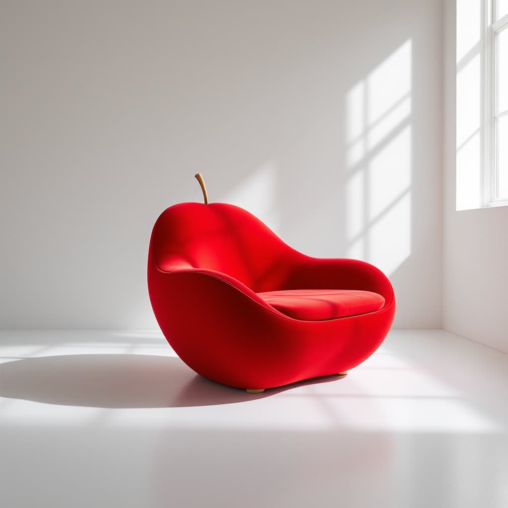 AI generated: pop art furniture design, apple form, ergonomic seating, red velvet, premium upholstery, Phase One X...