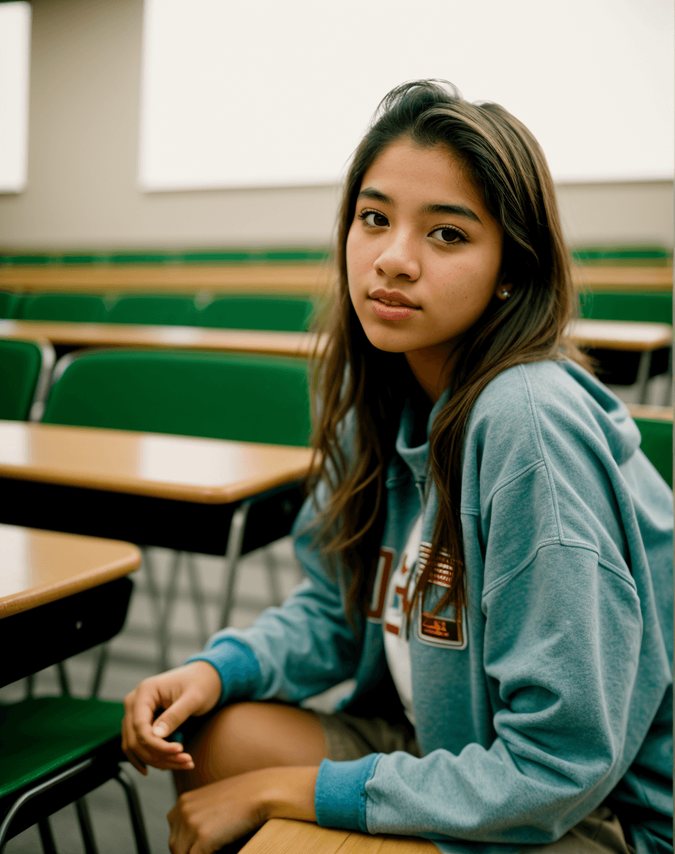 AI generated: a beautiful college girl, mixed girl, girl next door, baggy clothes, sitting, lecture hall, interior...