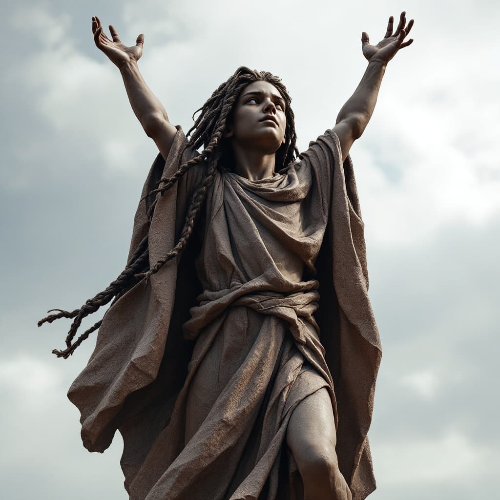 AI generated: statue, made of stone, craved chiseled chocolate stone of a young boy with long flowing hair braided...