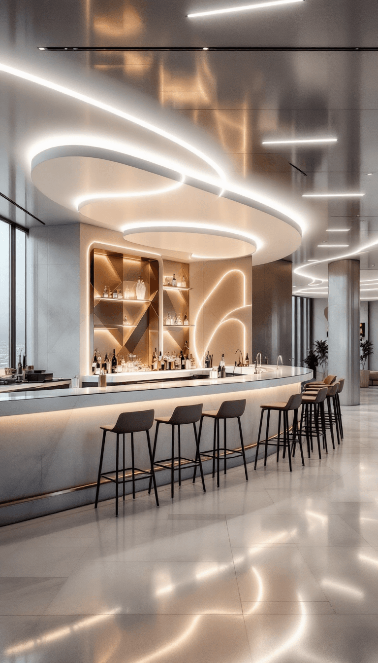 AI generated: a bar in an airport that is lit up with white lights, in the style of precisionist lines and shapes,...