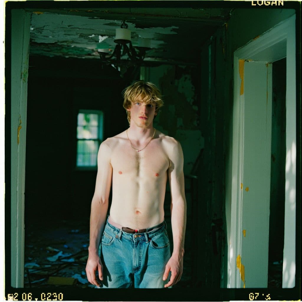 AI generated: grainy 80's photograph quality polaroid of logan paul suicide caught in an abandoned house, dark