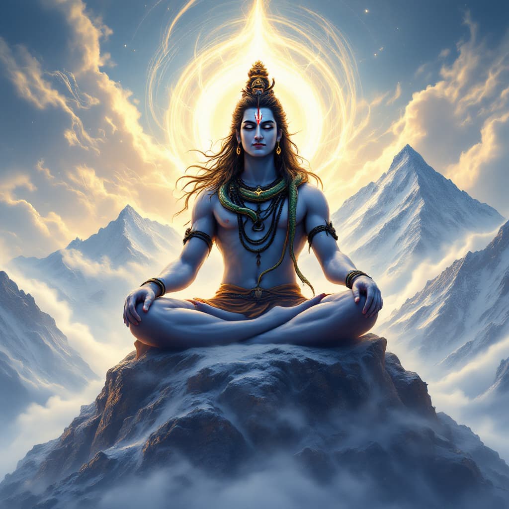 AI generated: "Generate an image of god shiva, the Hindu deity, depicted seated in meditation atop Mountain. Show ...